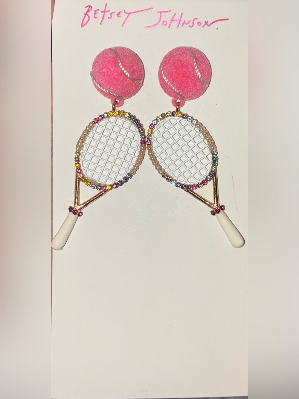 BETSEY JOHNSON RARE Crystal & Pearl Trimmed Tennis Racquet Earrings NEW NWT
